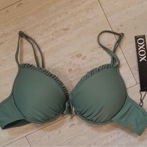 NWT XOXO Dark Ivy Green Ruffle Push-Up Bikini Top